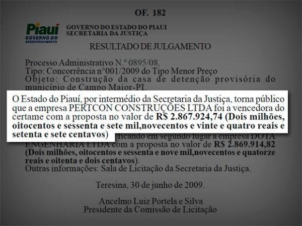 Contrato firmado entre o governo do estado e a construtora.(Imagem:Di&aacute;rio Oficial do Piau&iacute;)