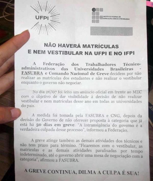 Greve pode impedir matrícula e vestibular na UFPI e IFPI