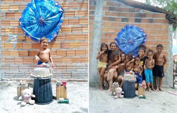 Menino que cantou parabéns com bolo e docinhos de areia já ganhou quatro festas de aniversário