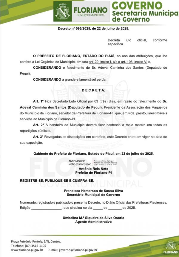 Prefeitura de Floriano decreta luto oficial de três dias pelo falecimento de Adeval Caminha