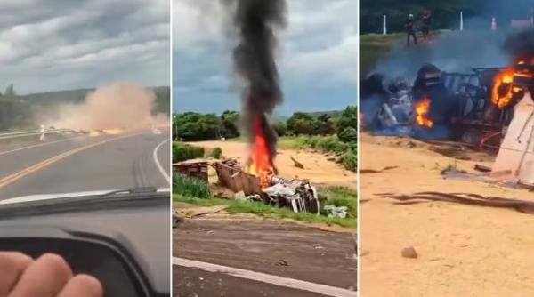 Três pessoas morrem carbonizadas em acidente entre carreta e carro na curva da morte, no Sul do PI