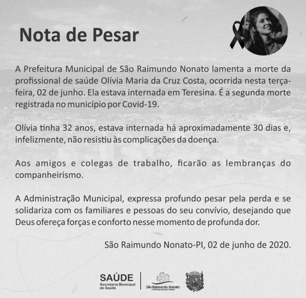 Prefeitura de S&atilde;o Raimundo Nonato lamentou a morte de Ol&iacute;via Maria, em nota. (Imagem:Divulga&ccedil;&atilde;o)